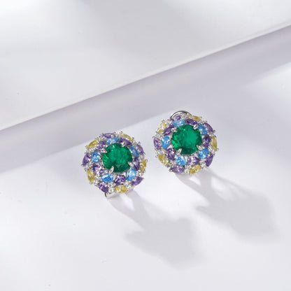S925 Silver Lab Emerald Multicolor coloured Gemstone Halo Vintage Women's Earrings - Photo 2