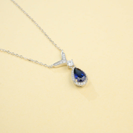 S925 Sterling Silver Lab Sapphire Teardrop Choker Necklace, Designer - Photo 2