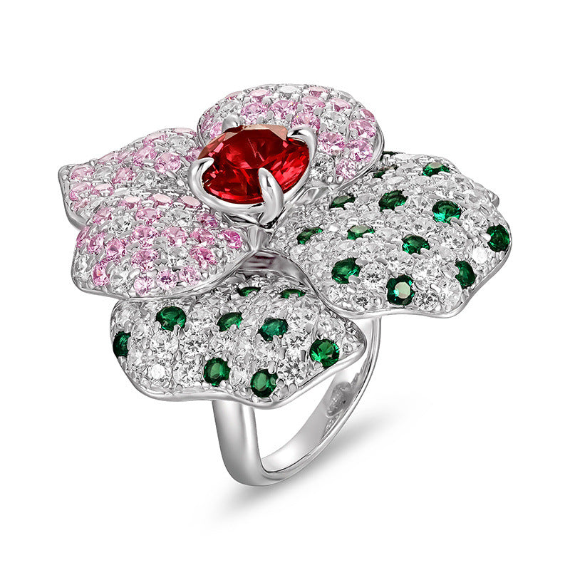 S925 Sterling Silver Ruby Flower Ring, Design Gift Premium - Photo 5