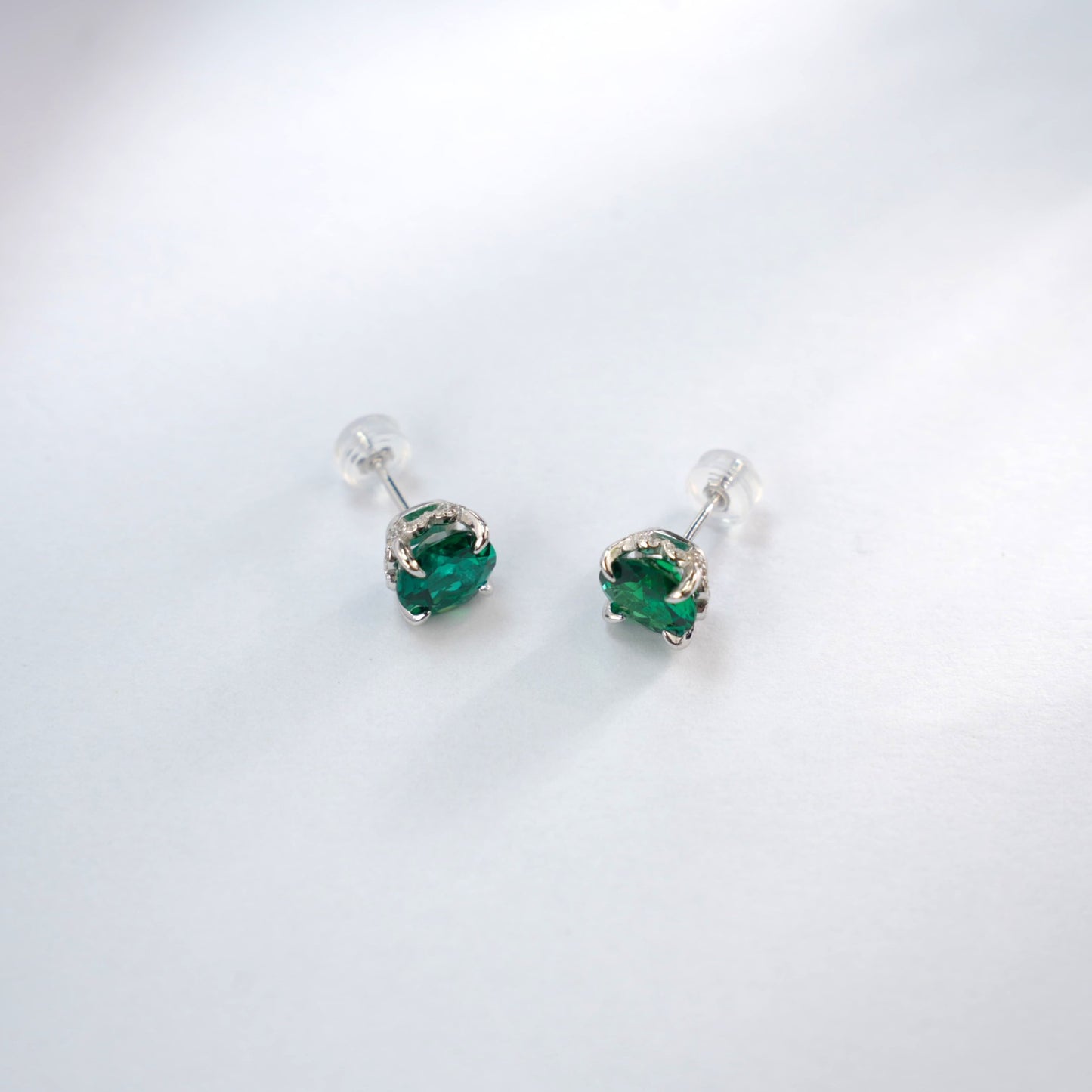 S925 Silver Round Lab Emerald Stud Earrings, Gemstone Simple - Photo 6
