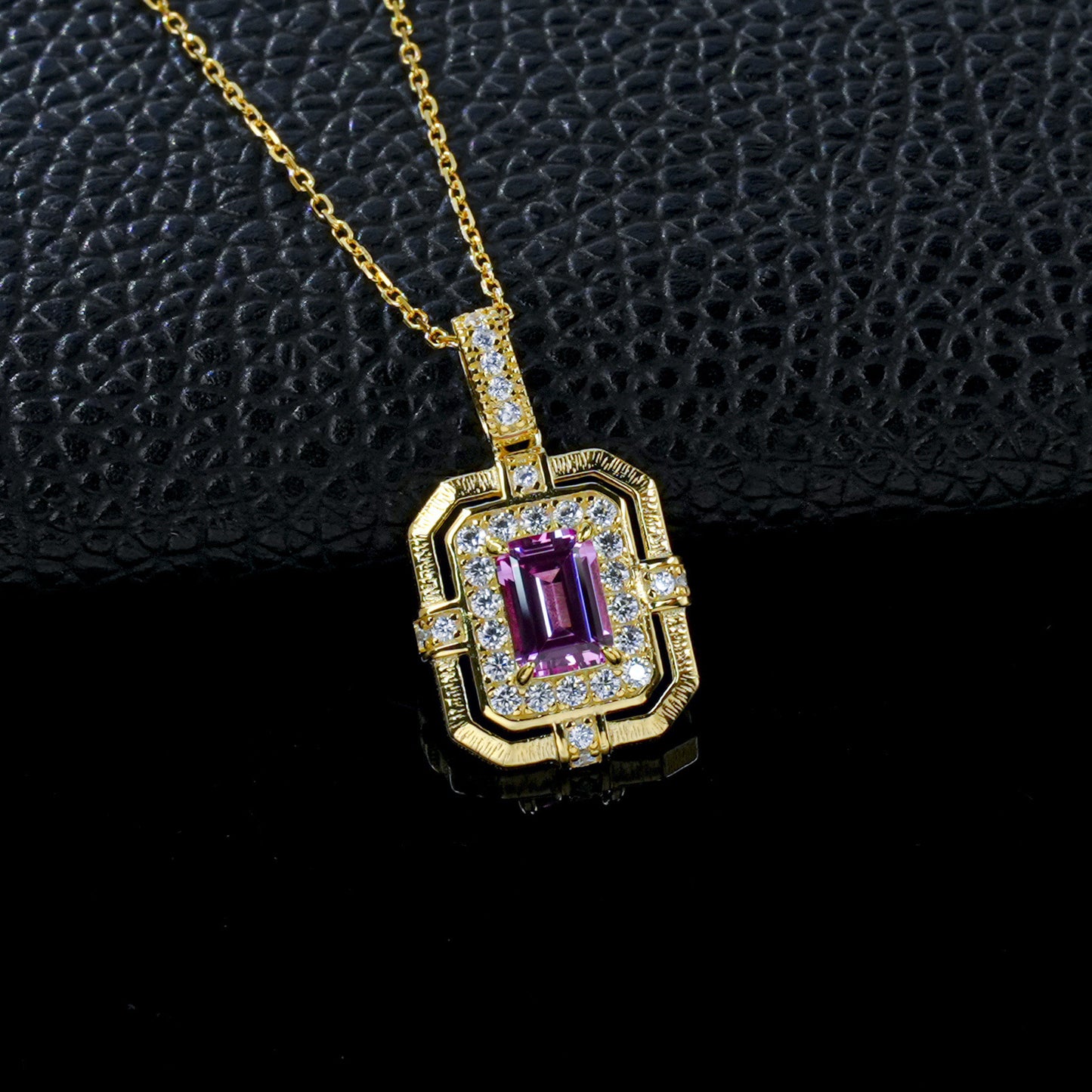 Vintage Palace Style Lab Pink Sapphire Square Plate Full Diamond Halo Necklace - Photo 2