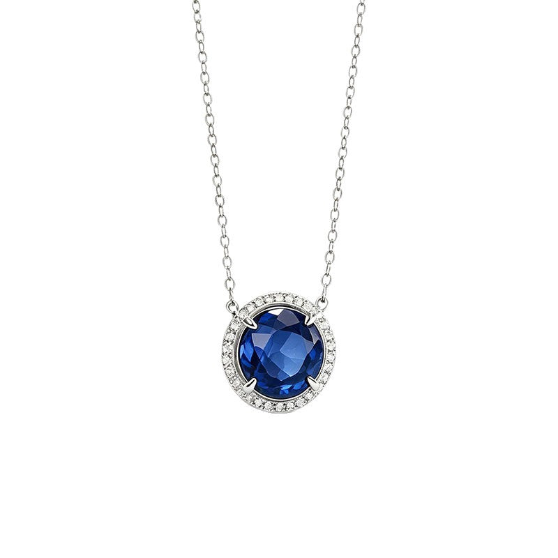 S925 Silver Round Lab Sapphire Single-Hoop Full Diamond Halo Pendant Necklace, Premium - Photo 5