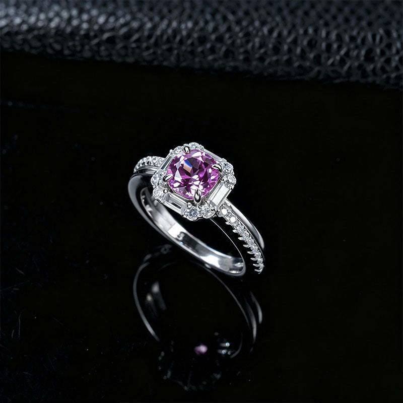 S925 Silver Lab Padparadscha Pink Sapphire Ring Square Full Diamond - Photo 6