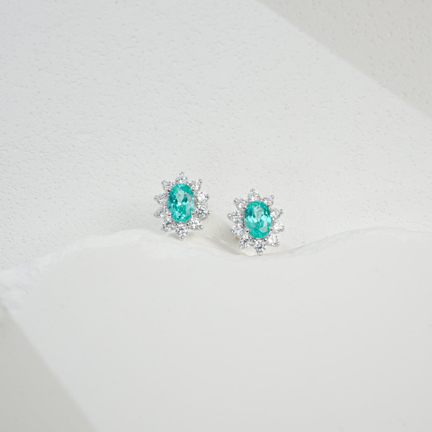 S925 Silver Oval Lab Paraiba Tsavorite Sunflower Halo Stud Earrings, Versatile - Photo 3