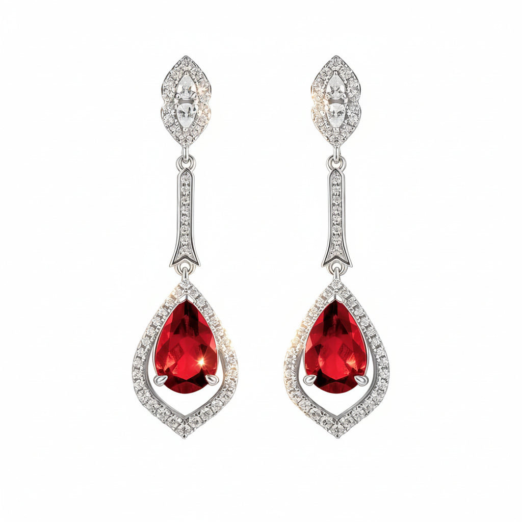 S925 Silver Teardrop Hollow Ruby Long Drop Earrings, Vintage Evening Premium - Photo 1