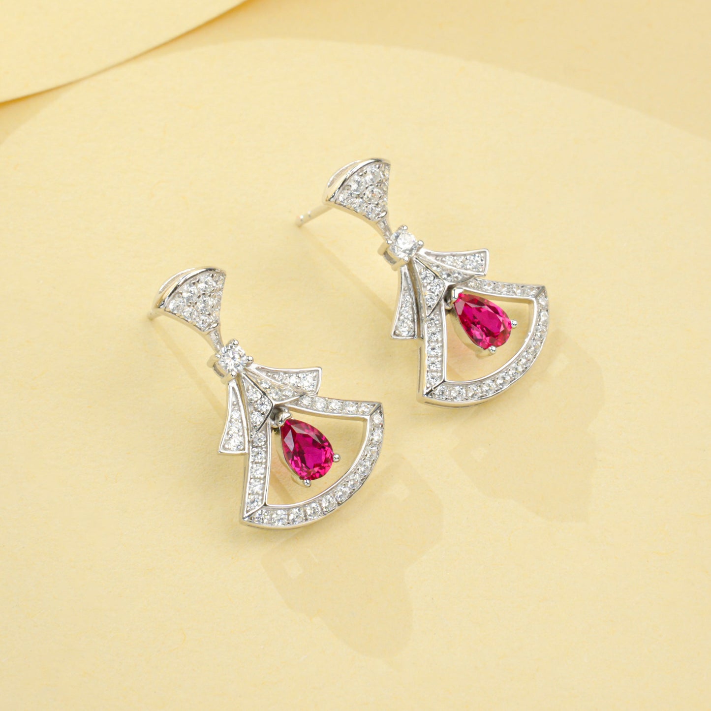 S925 Sterling Silver Lab Ruby Skirt Earrings, Designer for Women - Photo 2