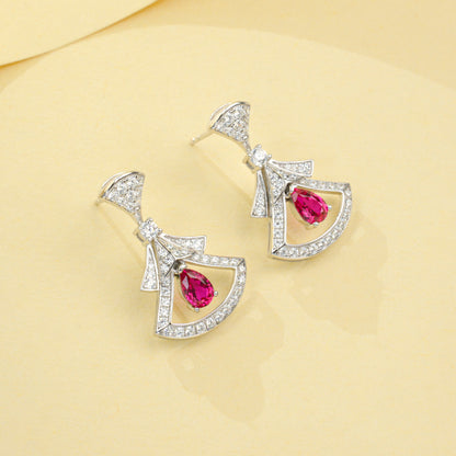 S925 Sterling Silver Lab Ruby Skirt Earrings, Designer for Women - Photo 2