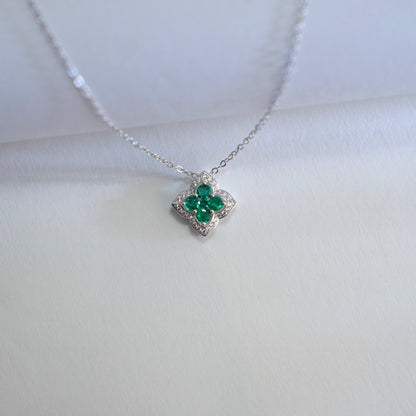 S925 Sterling Silver Lab Emerald Four-Leaf Clover Halo Pendant Necklace, Premium for Women - Photo 3