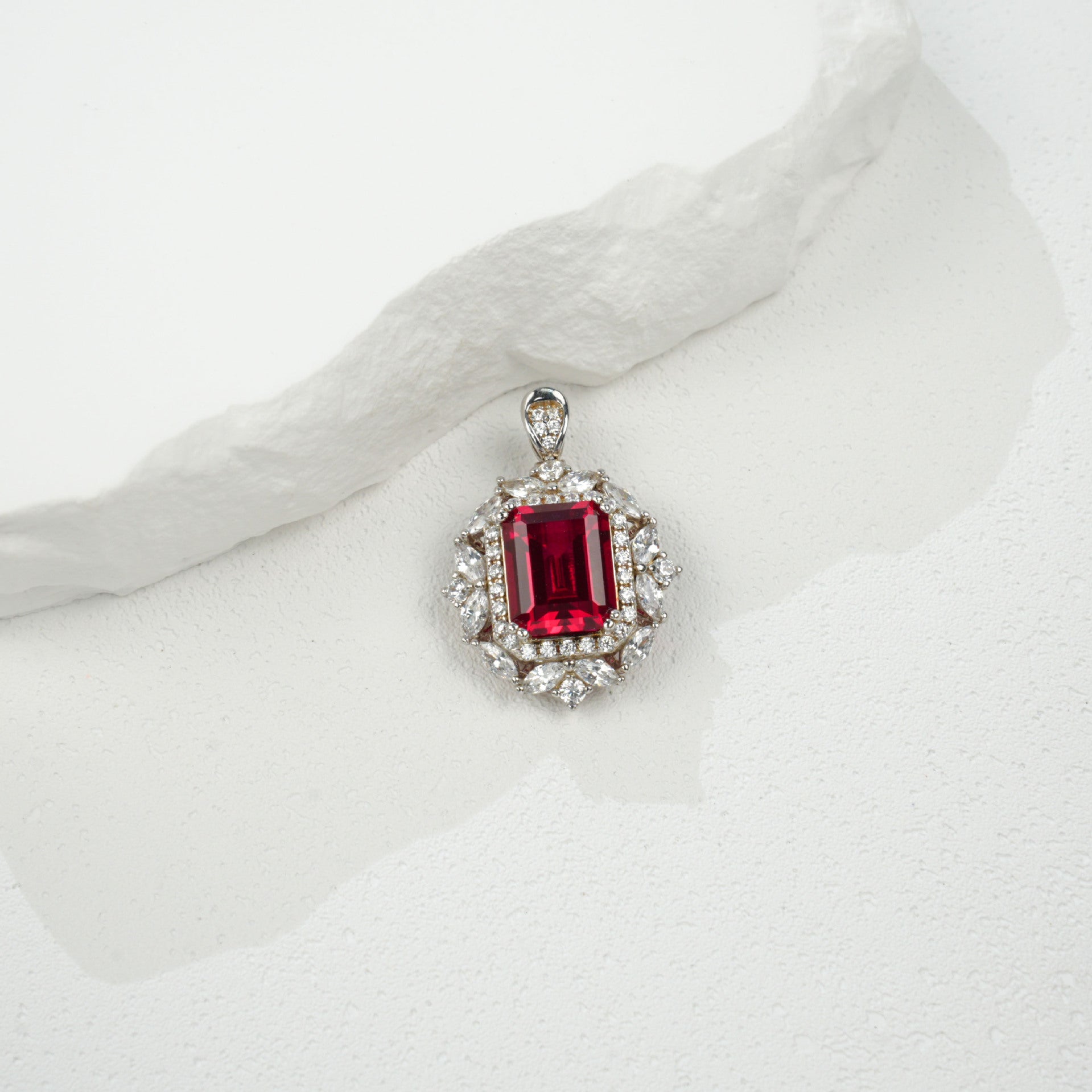 925 Silver Lab Ruby Ring-Necklace 2-in-1 Diamond Jewellery, Luxurious Premium Vintage - Photo 3