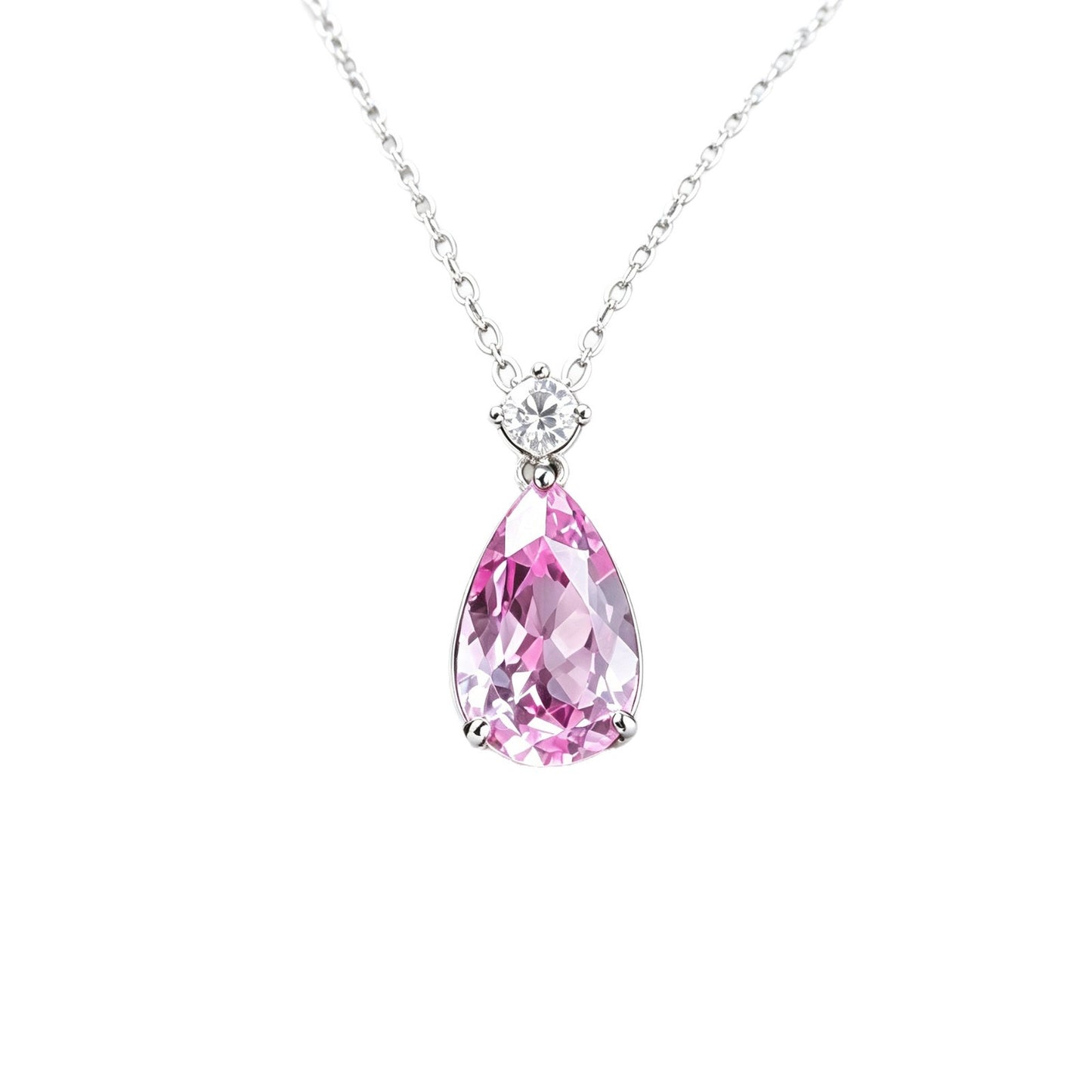 S925 Silver Pear Teardrop Lab Pink Diamond Necklace, Small Diamond Simple - Photo 5