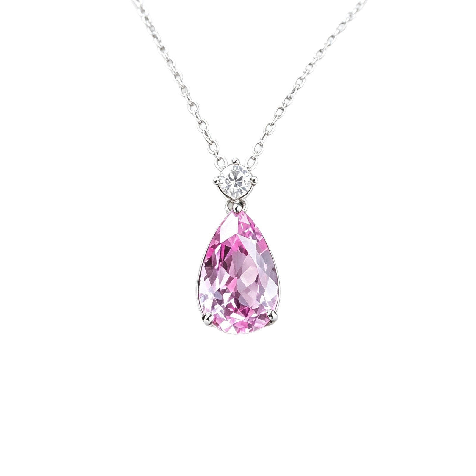 S925 Silver Pear Teardrop Lab Pink Diamond Necklace, Small Diamond Simple - Photo 5