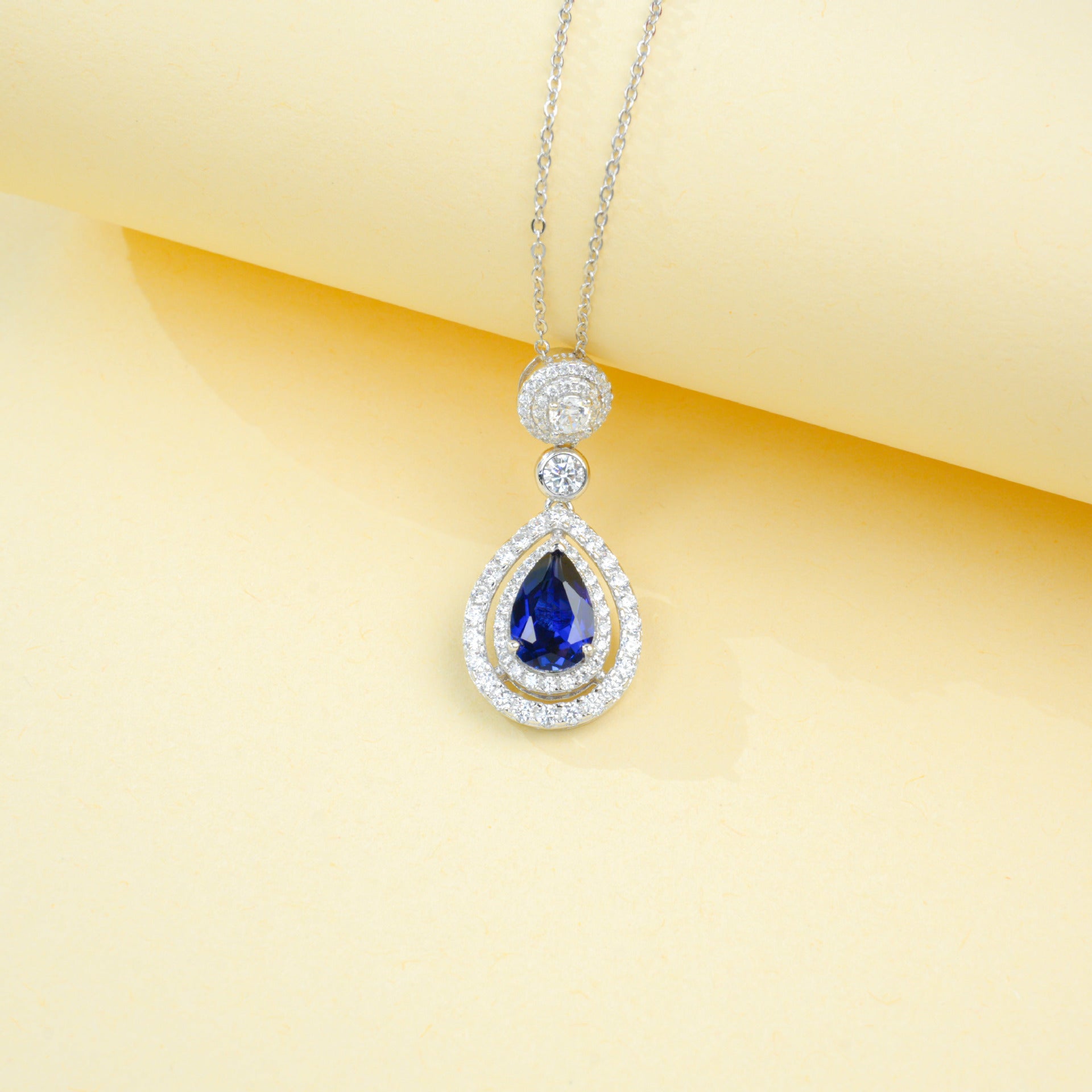 S925 Sterling Silver Lab Sapphire Teardrop Necklace for Women - Photo 2