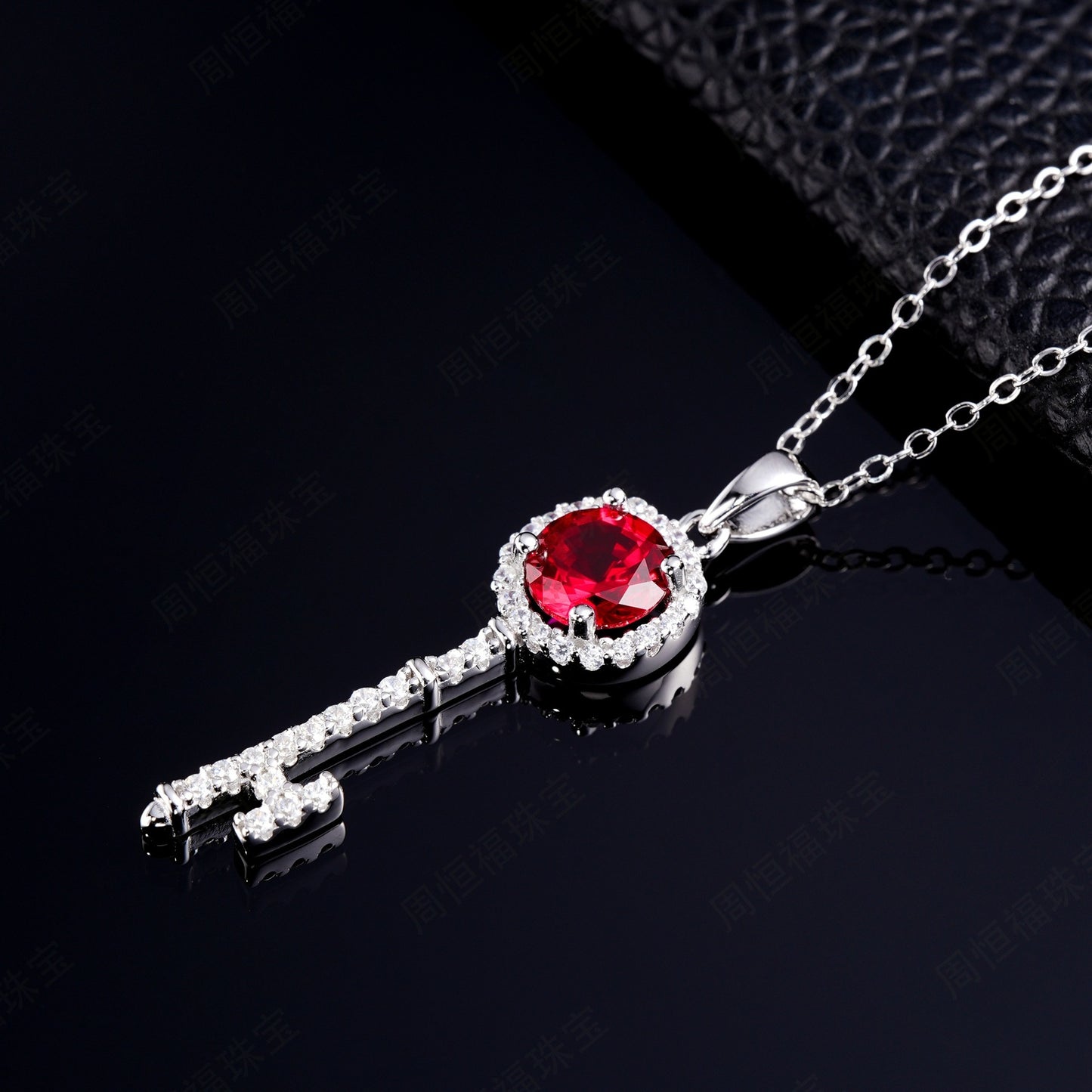925 Sterling Silver Lab Ruby Key Pendant Choker Necklace, Versatile - Photo 4