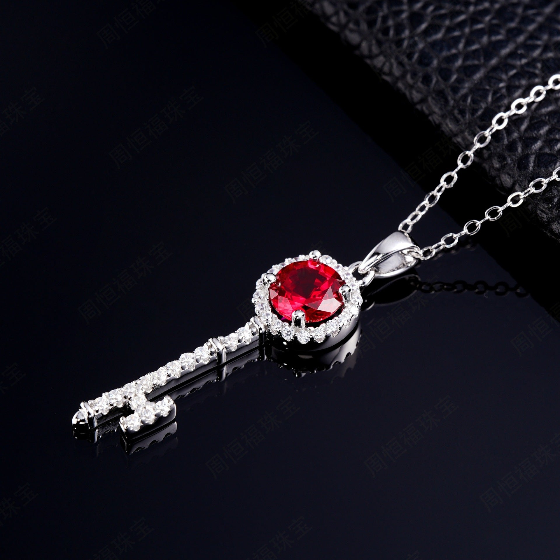 925 Sterling Silver Lab Ruby Key Pendant Choker Necklace, Versatile - Photo 4