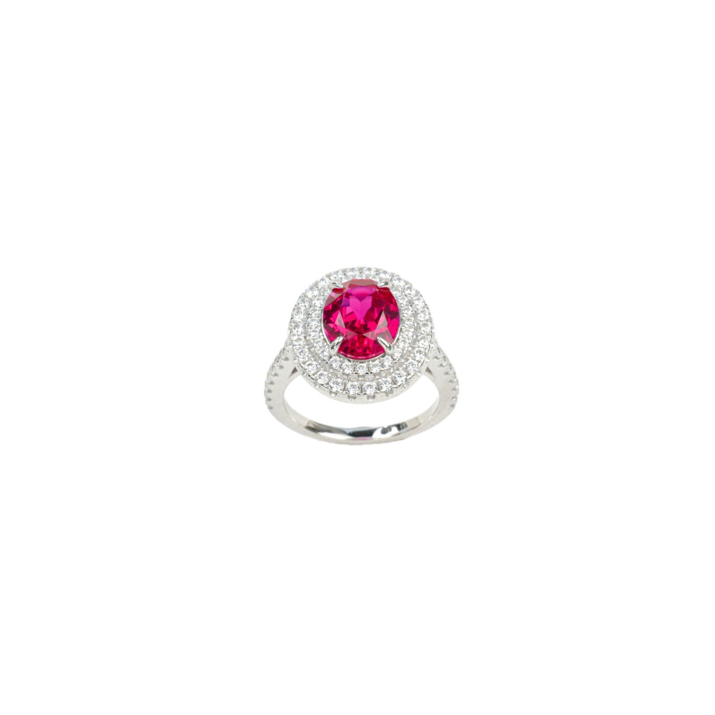 Lab Ruby Ring 925 Sterling Silver Rhodium-Plated Double-Halo Diamond, Premium - Photo 5