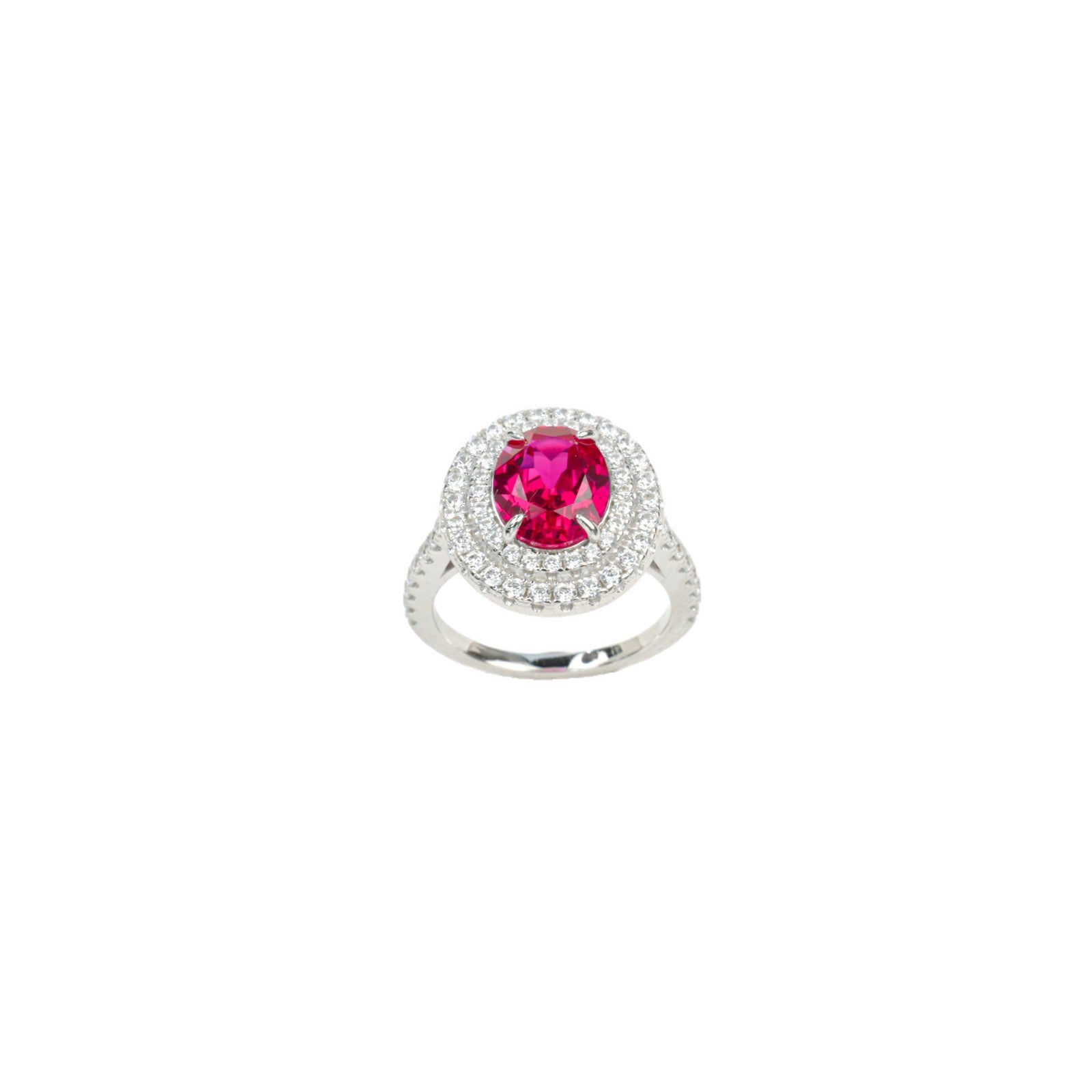 Lab Ruby Ring 925 Sterling Silver Rhodium-Plated Double-Halo Diamond, Premium - Photo 5