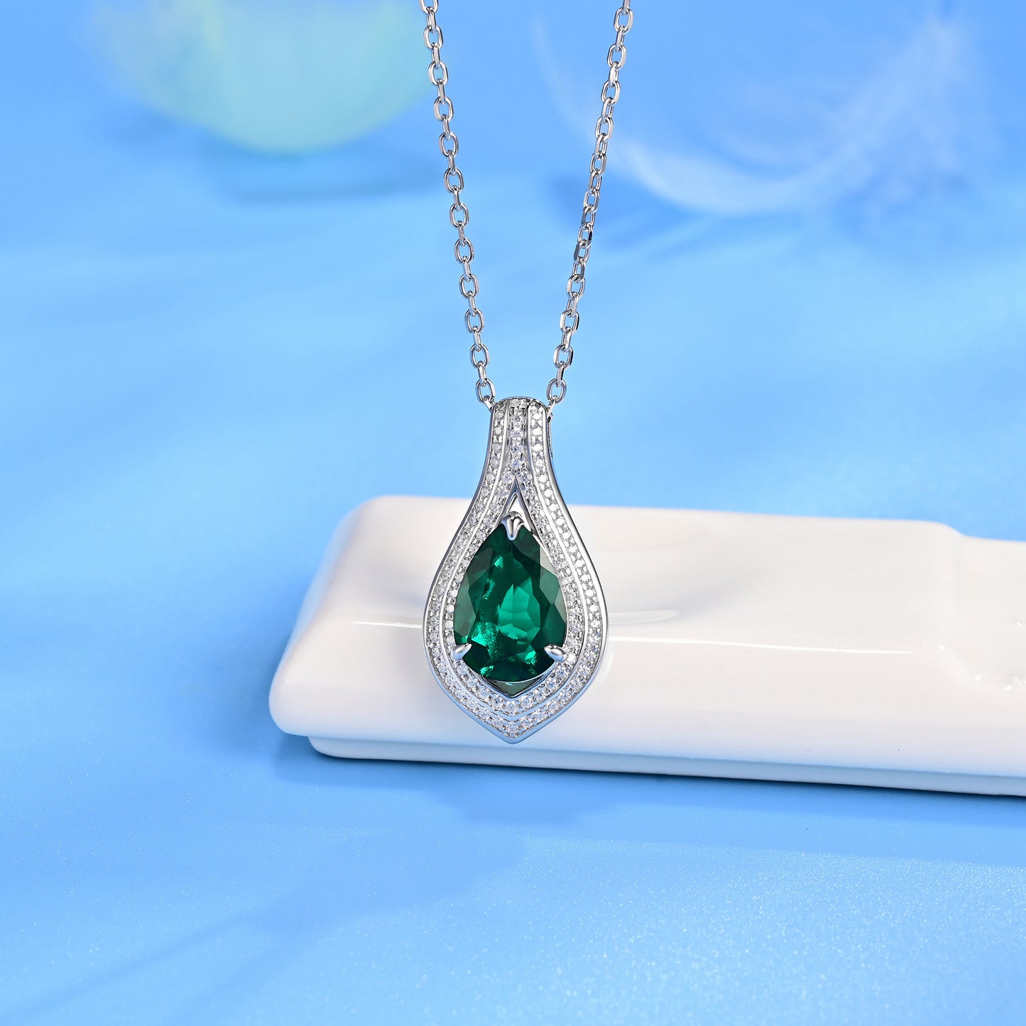 S925 Sterling Silver Lab Emerald Teardrop Pave Halo Necklace, for Women - Photo 2