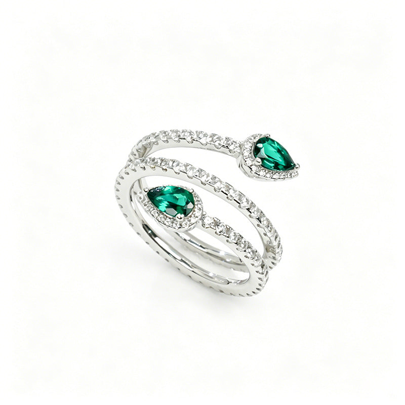 925 Silver Lab Emerald Double Teardrop Snake Wrap Design, Premium Silver Ring - Photo 5