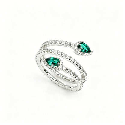 925 Silver Lab Emerald Double Teardrop Snake Wrap Design, Premium Silver Ring - Photo 5