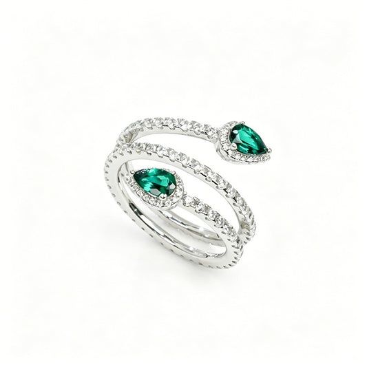 925 Silver Lab Emerald Double Teardrop Snake Wrap Design, Premium Silver Ring - Photo 5