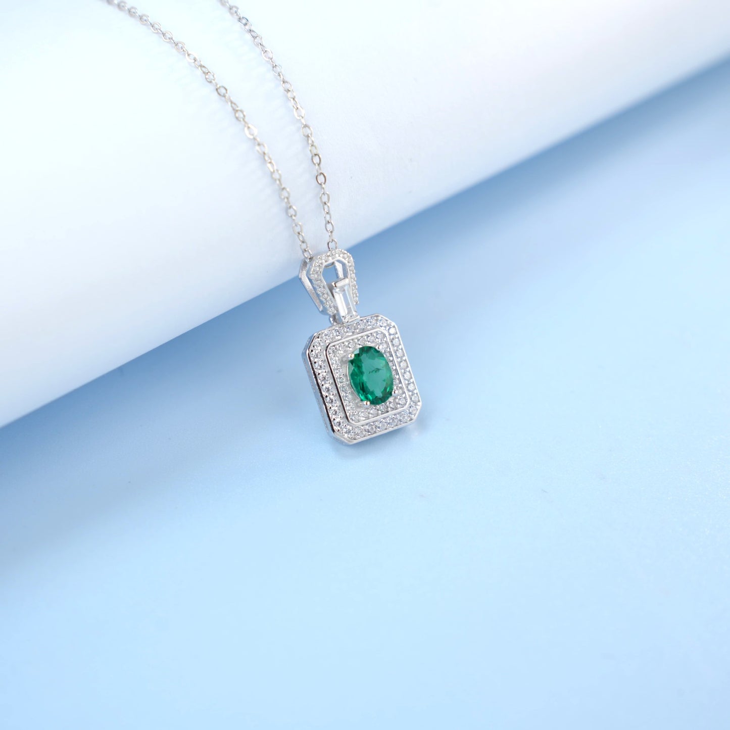 925 Sterling Silver Lab Emerald Necklace, Classic Fresh Vintage - Photo 3