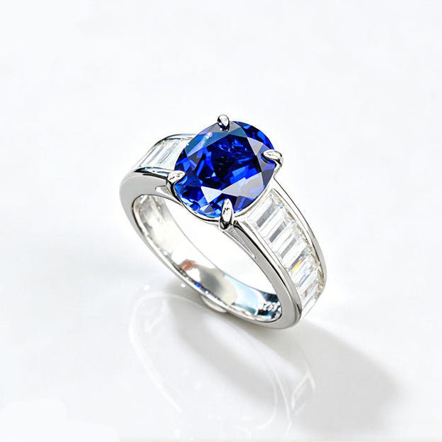 S925 Sterling Silver Lab Sapphire Round Four-Prong Ring, Unisex - Photo 1