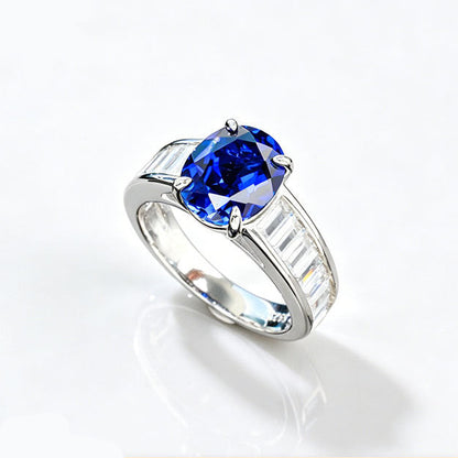 S925 Sterling Silver Lab Sapphire Round Four-Prong Ring, Unisex - Photo 1