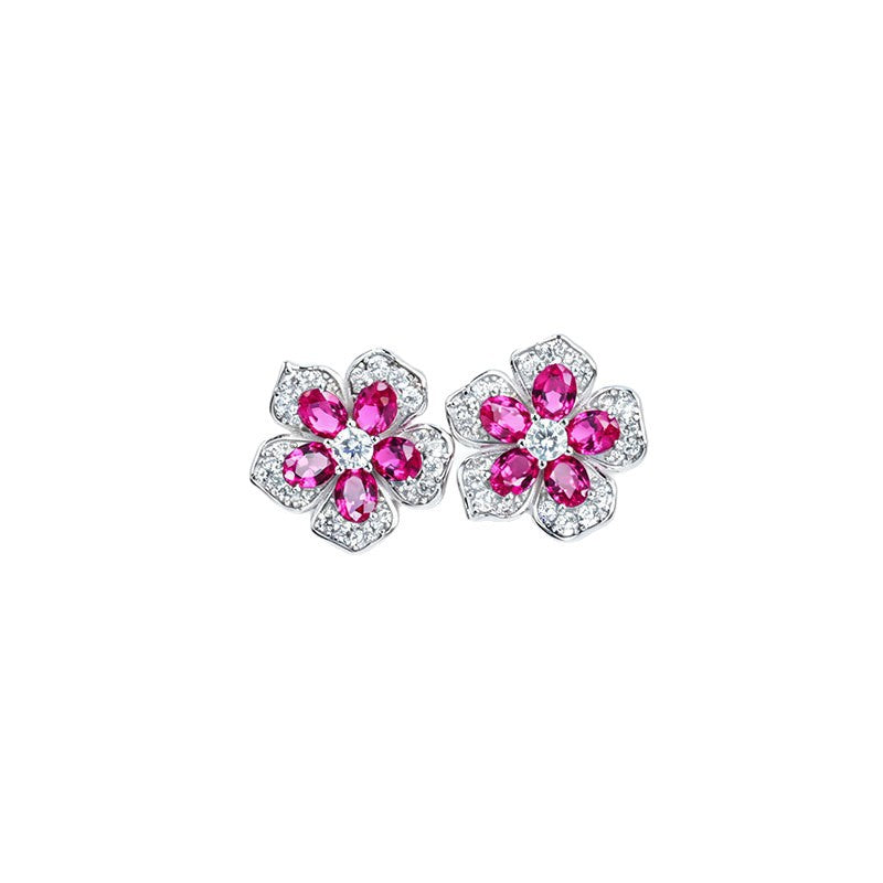 S925 Silver Lab Ruby Flower Stud Earrings, Luxurious Full Diamond - Photo 5