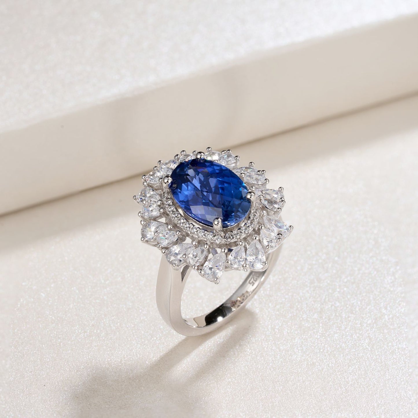 S925 Sterling Silver Lab Sapphire Ring Vintage Premium - Photo 3