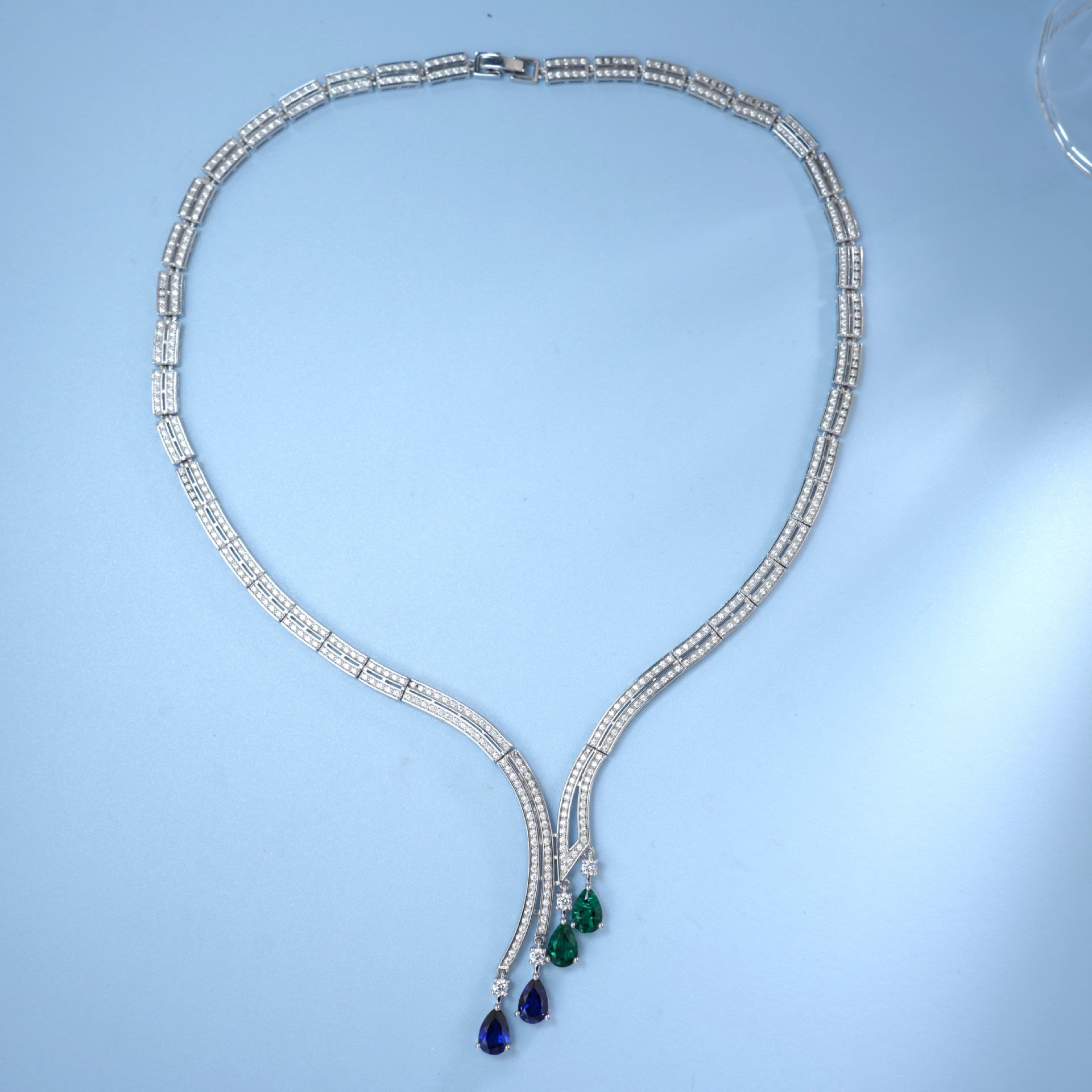 S925 Silver Necklace Emerald and Sapphire Pendant Diamond Chain, Premium Skin-Brightening - Photo 3
