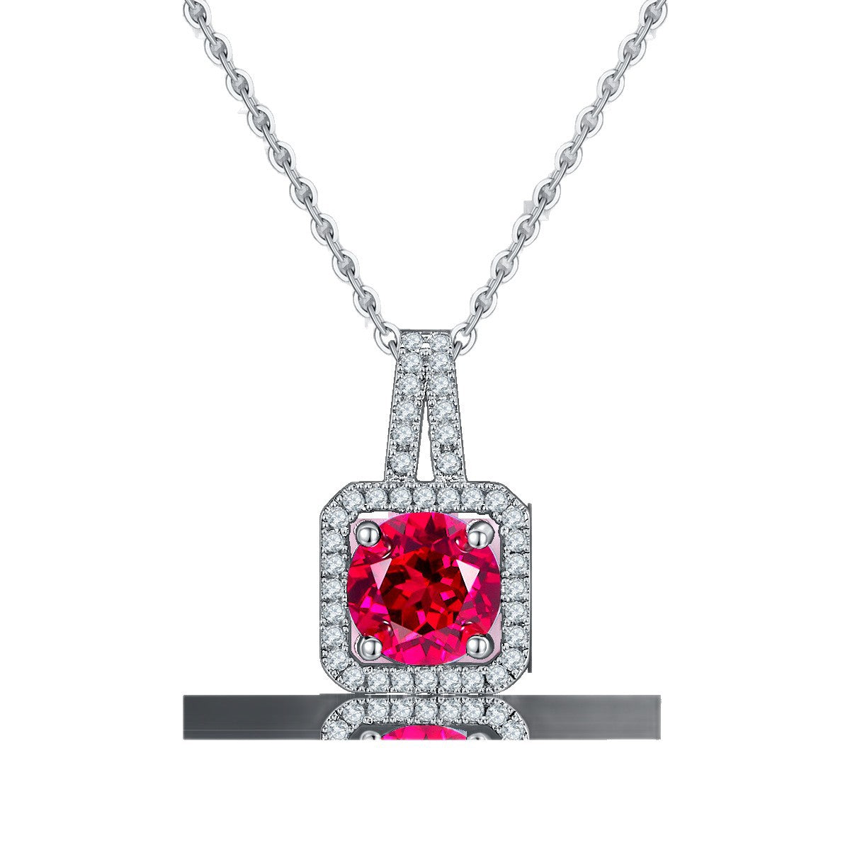 S925 Sterling Silver Square Lab Ruby Halo Pendant Necklace, Premium - Photo 5