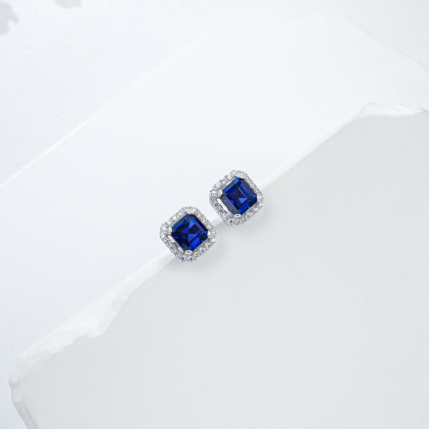 S925 Silver Square Lab Sapphire Halo Stud Earrings, Elegant Versatile Earrings - Photo 5