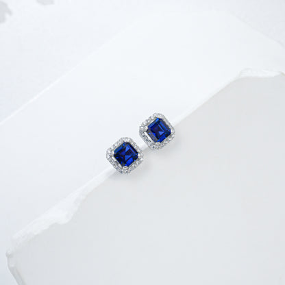 S925 Silver Square Lab Sapphire Halo Stud Earrings, Elegant Versatile Earrings - Photo 5