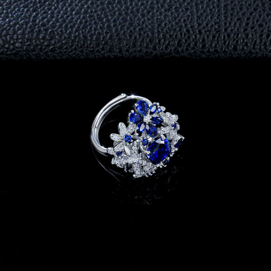 S925 Sterling Silver Lab Sapphire Ring 4-Claw Double-Side Full Diamond, Anniversary Versatile Elegant - Photo 3