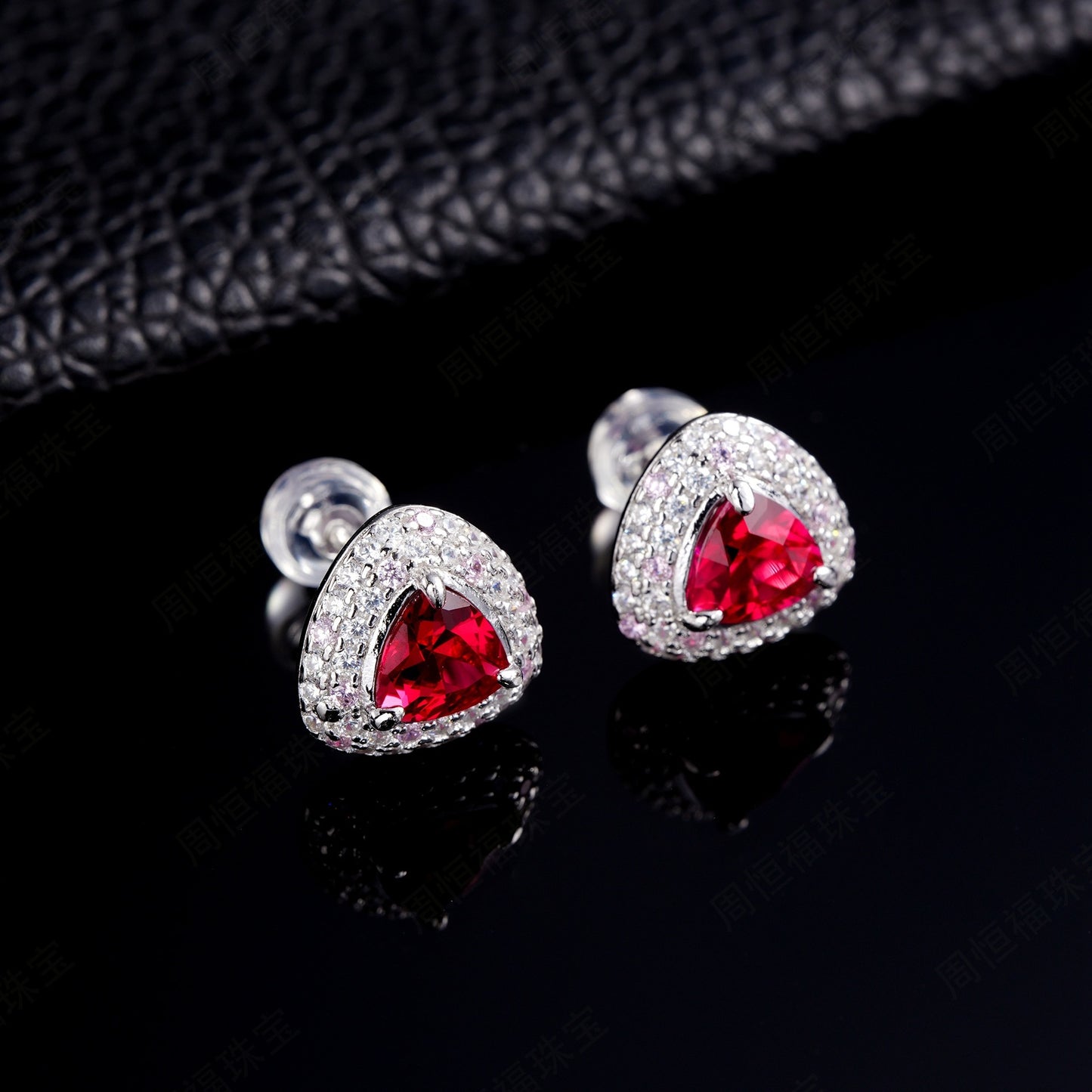 S925 Silver Triangle Lab Ruby Full Diamond Stud Earrings, Skin-Brightening Earrings - Photo 3