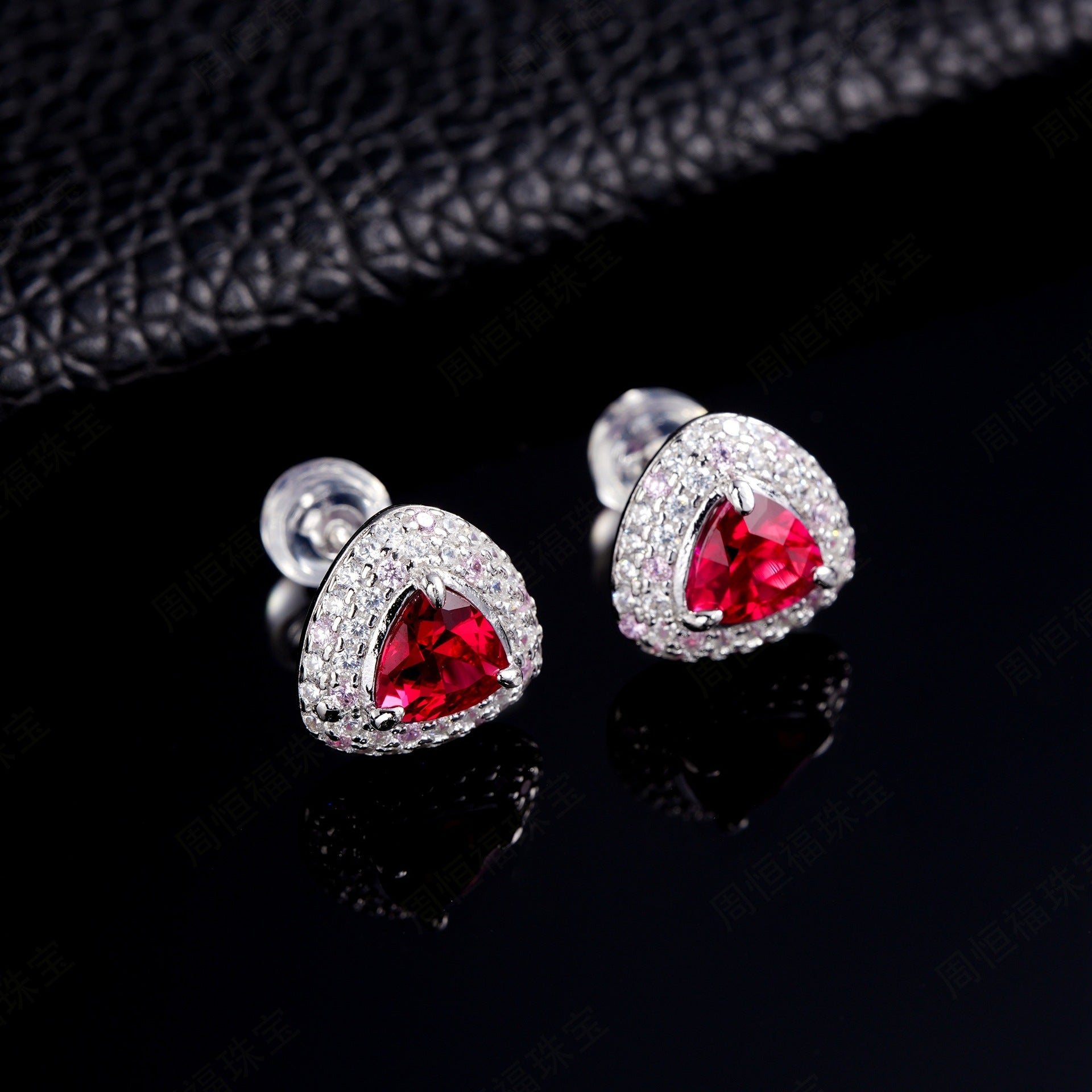 S925 Silver Triangle Lab Ruby Full Diamond Stud Earrings, Skin-Brightening Earrings - Photo 3
