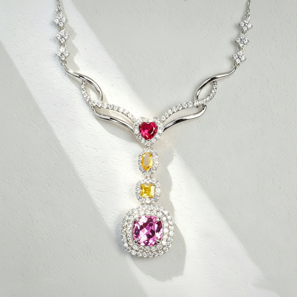 S925 Sterling Silver Square Lab Padparadscha Pendant Necklace, Designer - Photo 1
