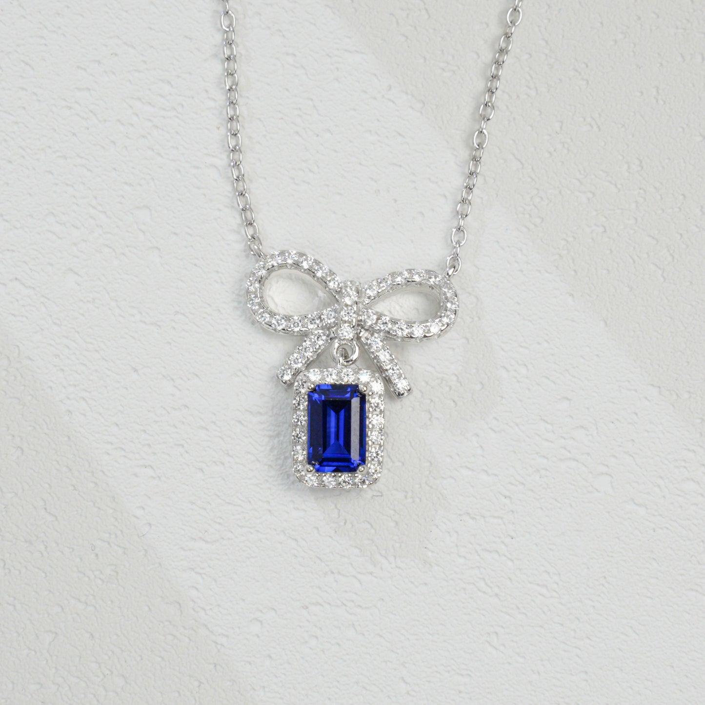 925 Sterling Silver Lab Sapphire Bowknot Pave Halo Necklace, Delicate O-Chain for Women - Photo 2