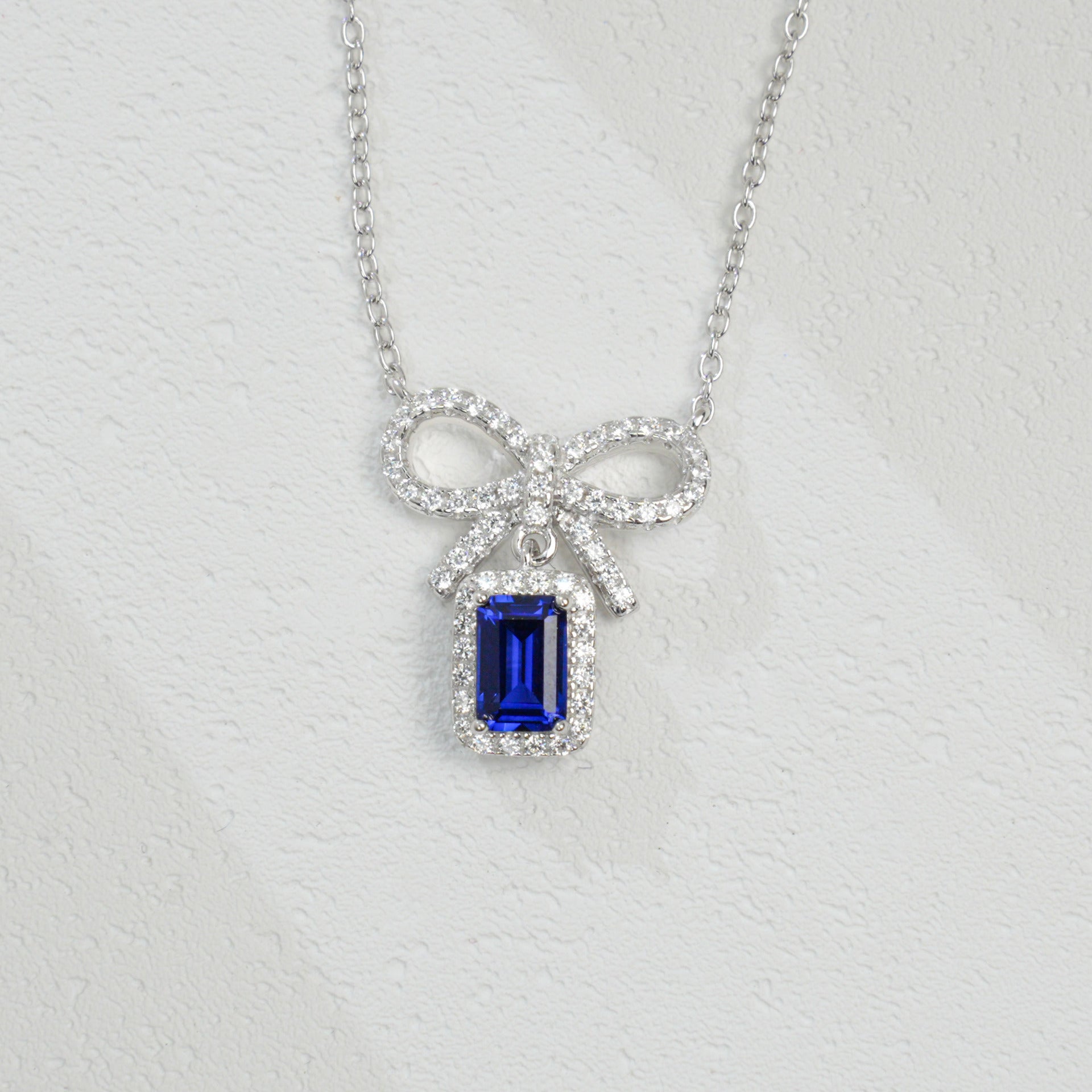 925 Sterling Silver Lab Sapphire Bowknot Pave Halo Necklace, Delicate O-Chain for Women - Photo 2