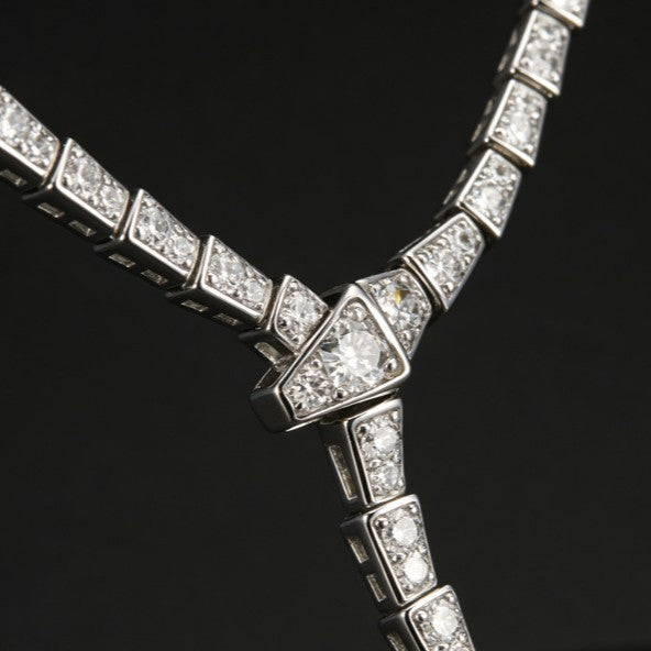 S925 Sterling Silver Y-Shape Pave Snake Chain Choker Necklace, Premium - Photo 2