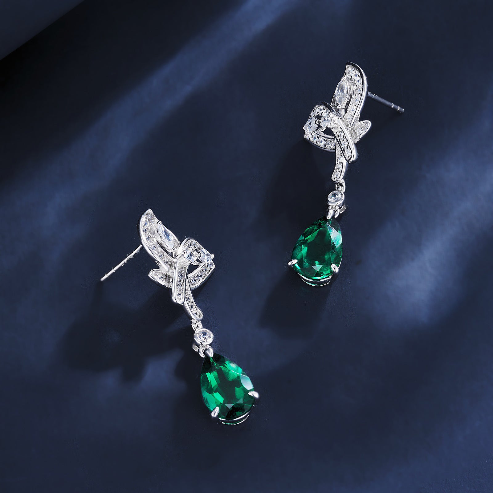 S925 Sterling Silver Lab Emerald Teardrop Earrings, Style Evening Long - Photo 4