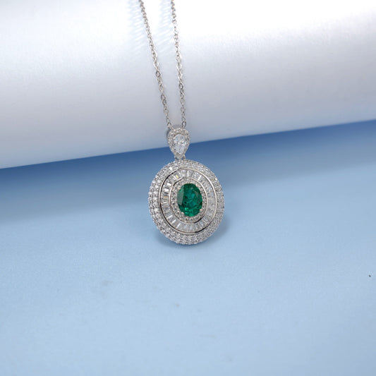 S925 Sterling Silver Emerald Oval Halo Necklace, Round Diamond Versatile - Photo 3