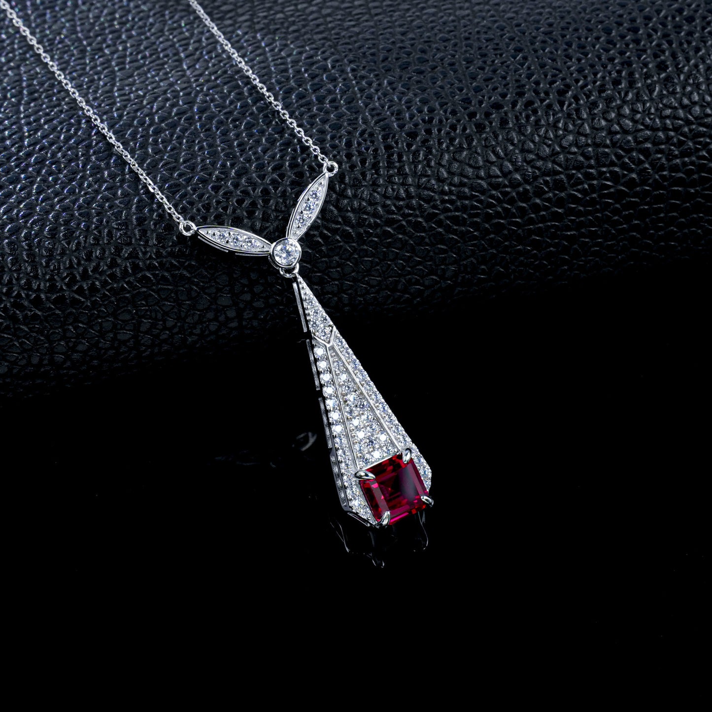 S925 Silver Vintage Square Lab Ruby Necklace, Full Diamond Geometric - Photo 4