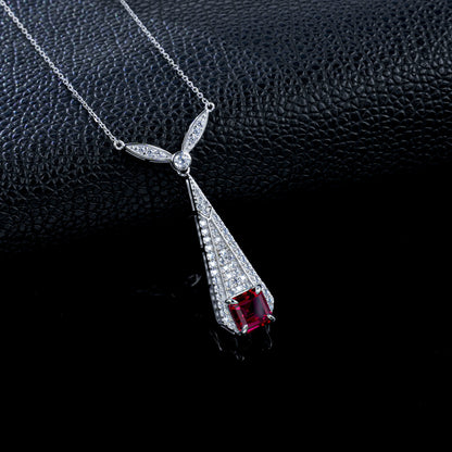 S925 Silver Vintage Square Lab Ruby Necklace, Full Diamond Geometric - Photo 4