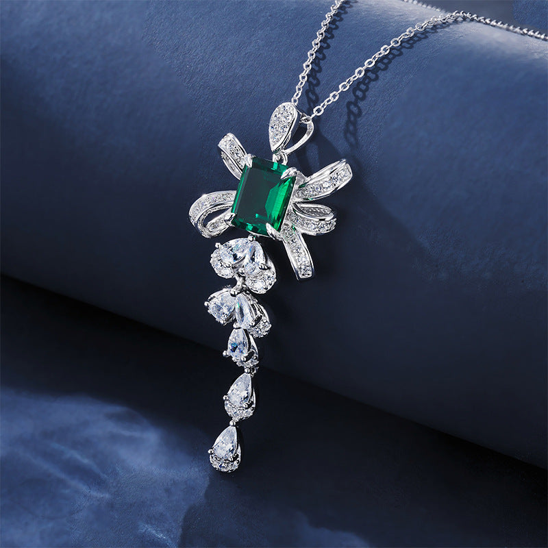 S925 Sterling Silver Lab Emerald Bowknot Tassel Teardrop Necklace, for Women - Photo 2