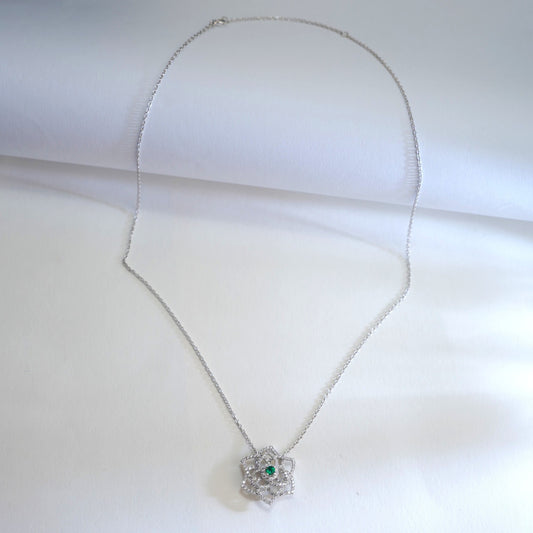 S925 Sterling Silver Lab Emerald Hollow Rose Flower Camellia Full Diamond Necklace Choker - Photo 3
