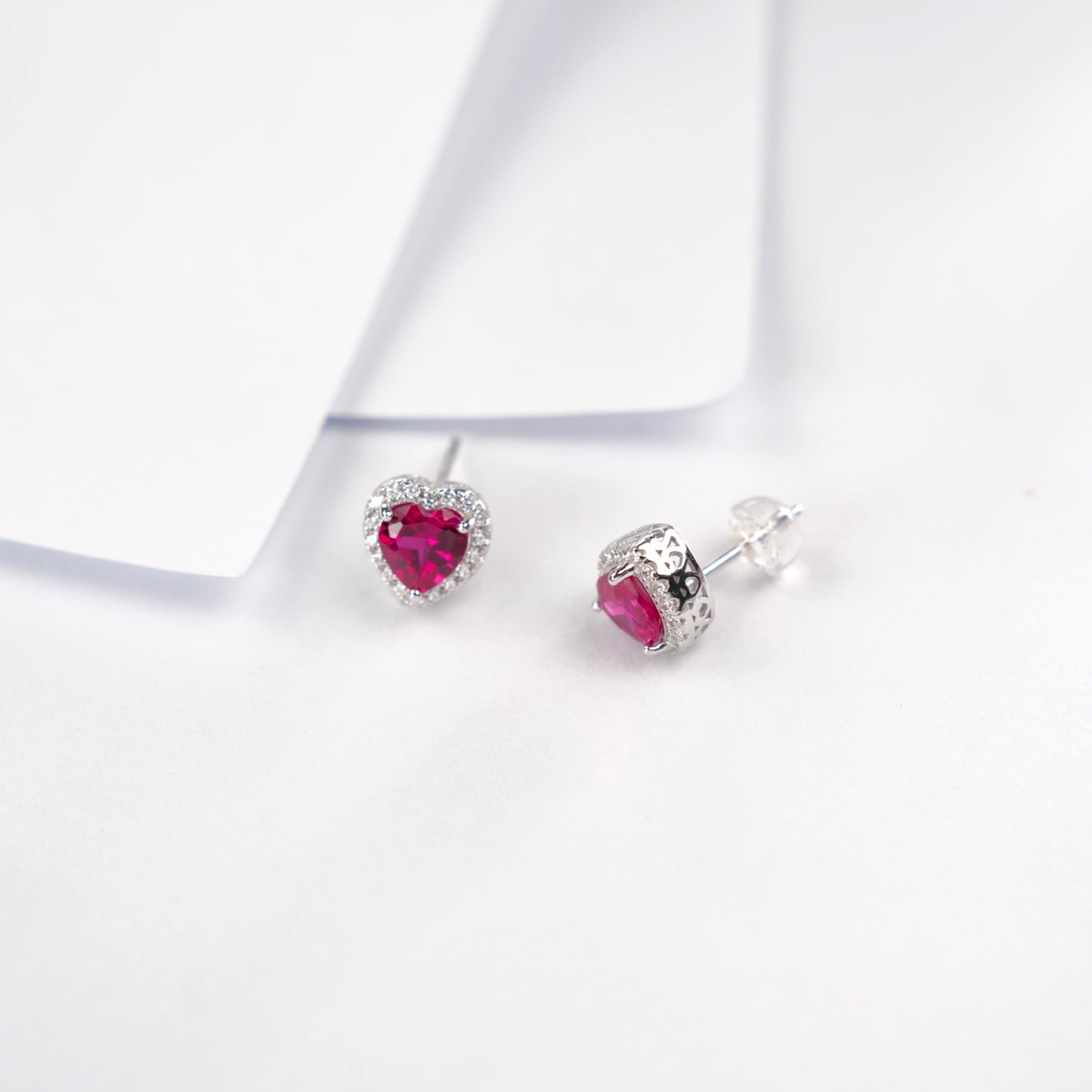 S925 Sterling Silver Lab Ruby Heart Halo Earrings, Date Versatile - Photo 3