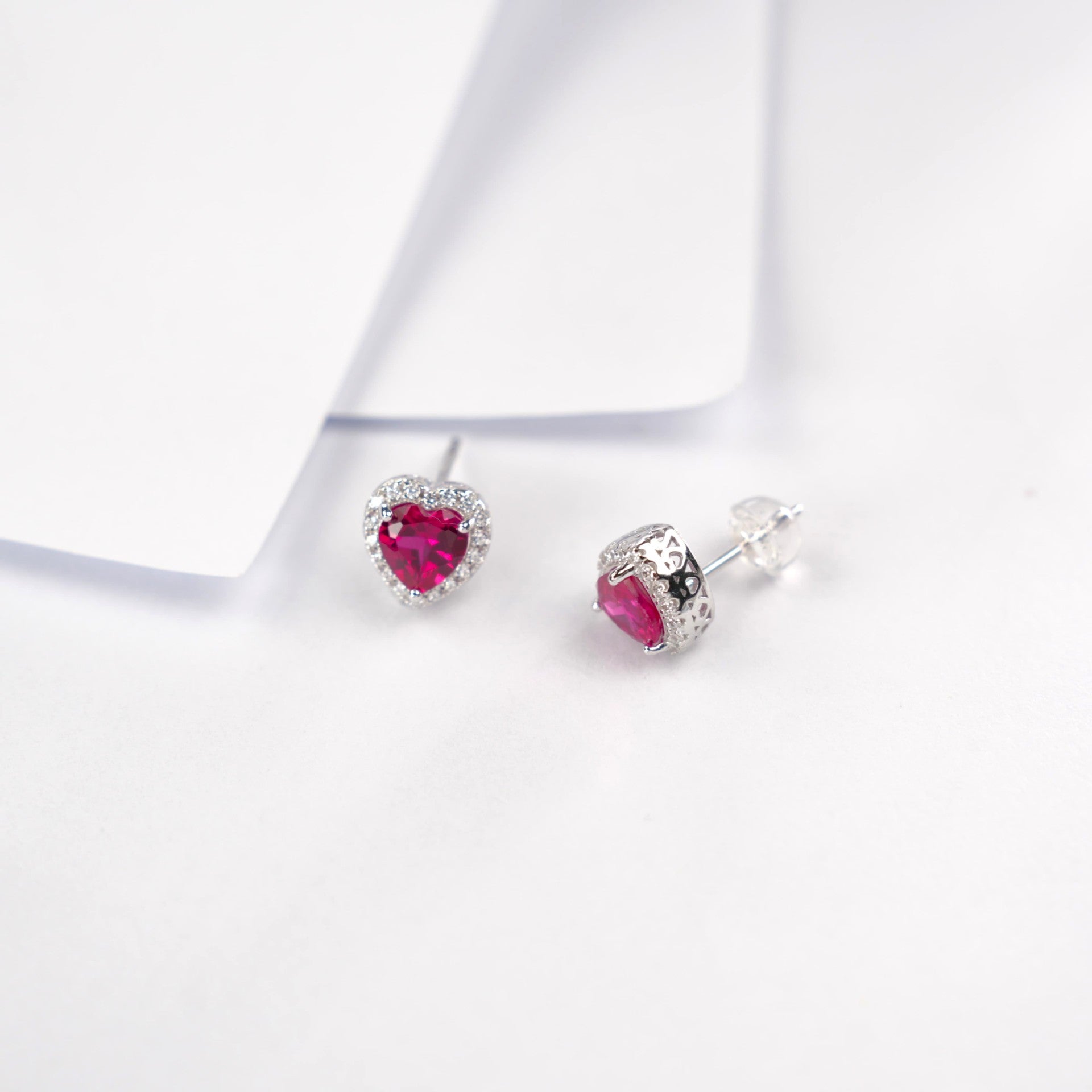 S925 Sterling Silver Lab Ruby Heart Halo Earrings, Date Versatile - Photo 3
