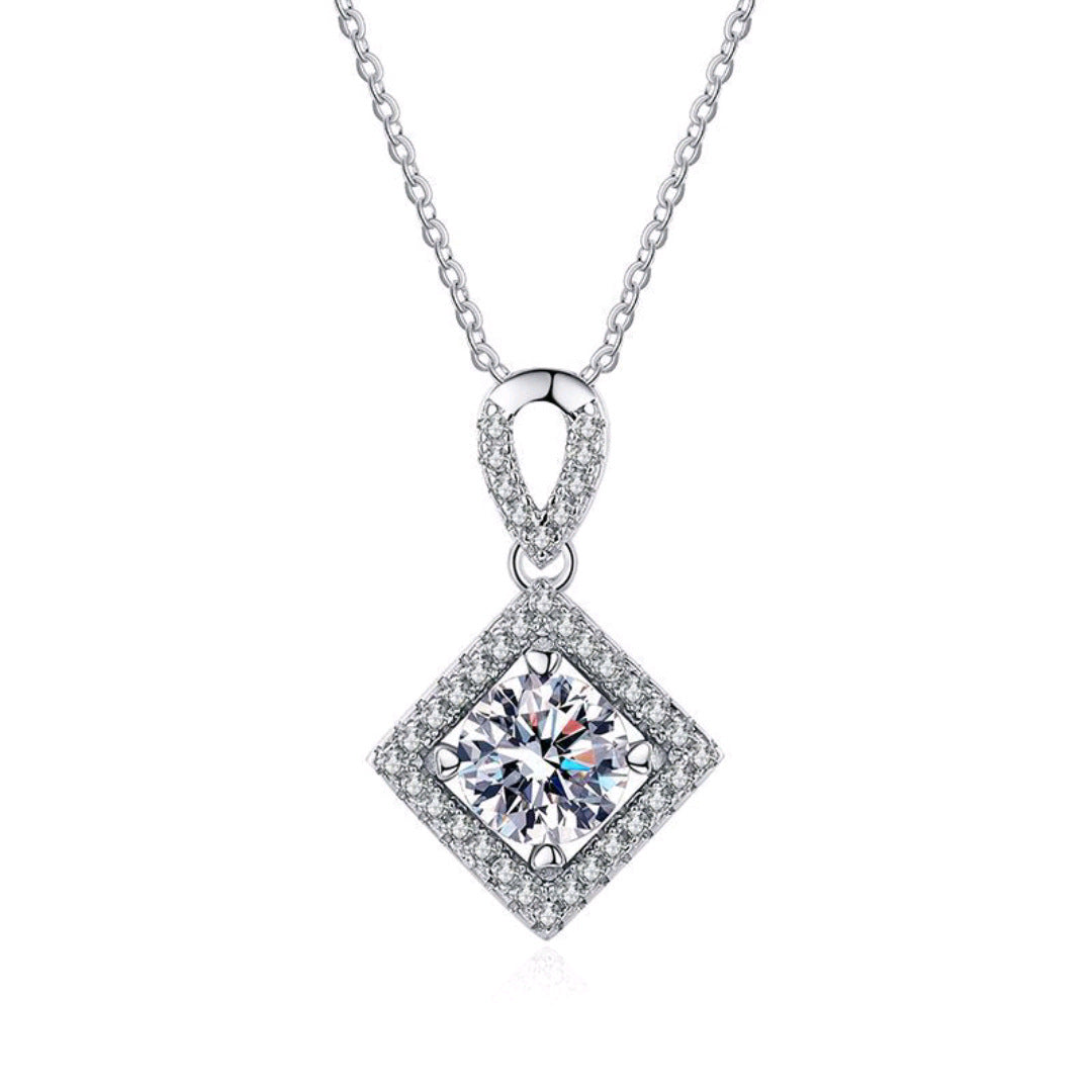 S925 Sterling Silver Lab Diamond Square Halo Necklace, Premium - Photo 5
