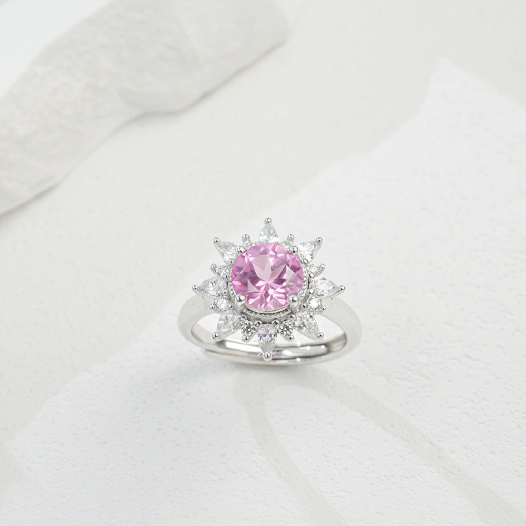 S925 Sterling Silver Gemstone Sunflower Halo Adjustable Open Ring, Versatile - Photo 1
